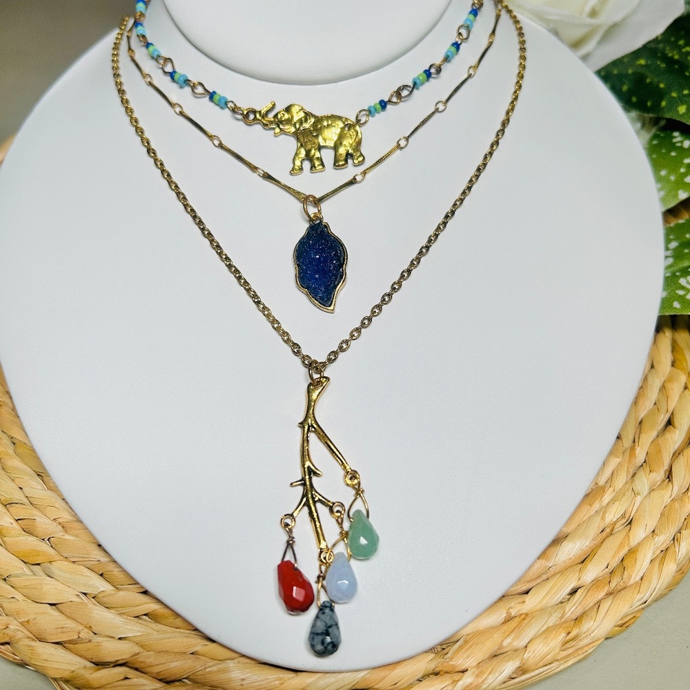 Anthropologie Triple Strand Boho Elephant, Leaf & Stone Beaded Brass Necklace